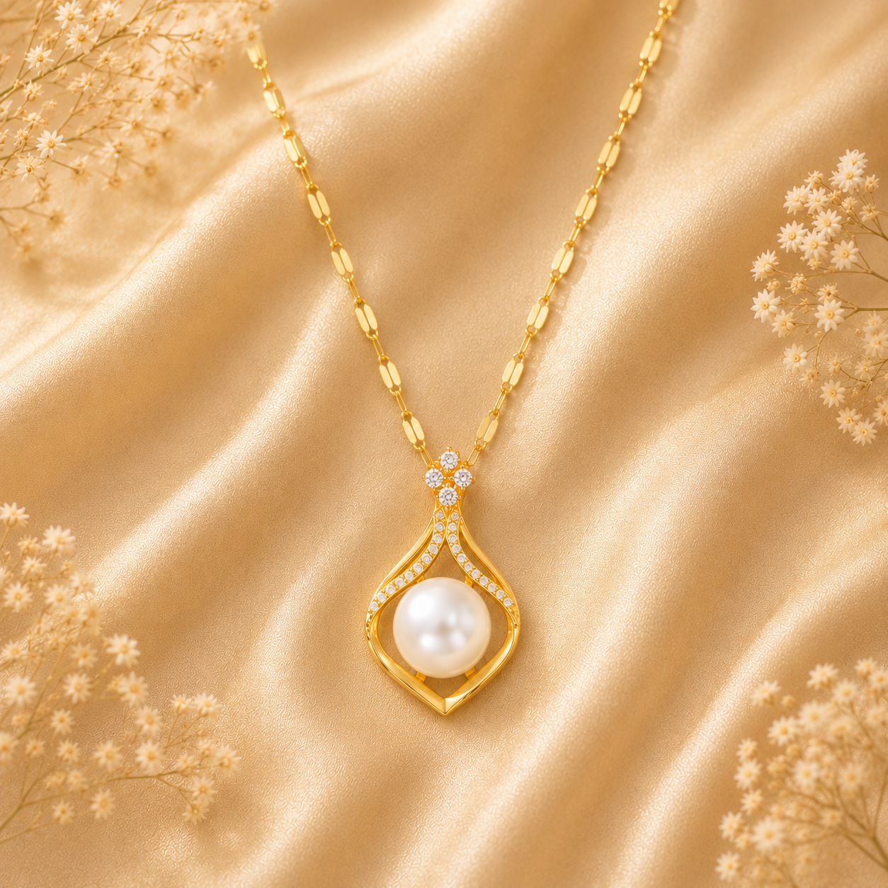 Collier pendentif perle fantaisie et cristaux plaqué or 18K
