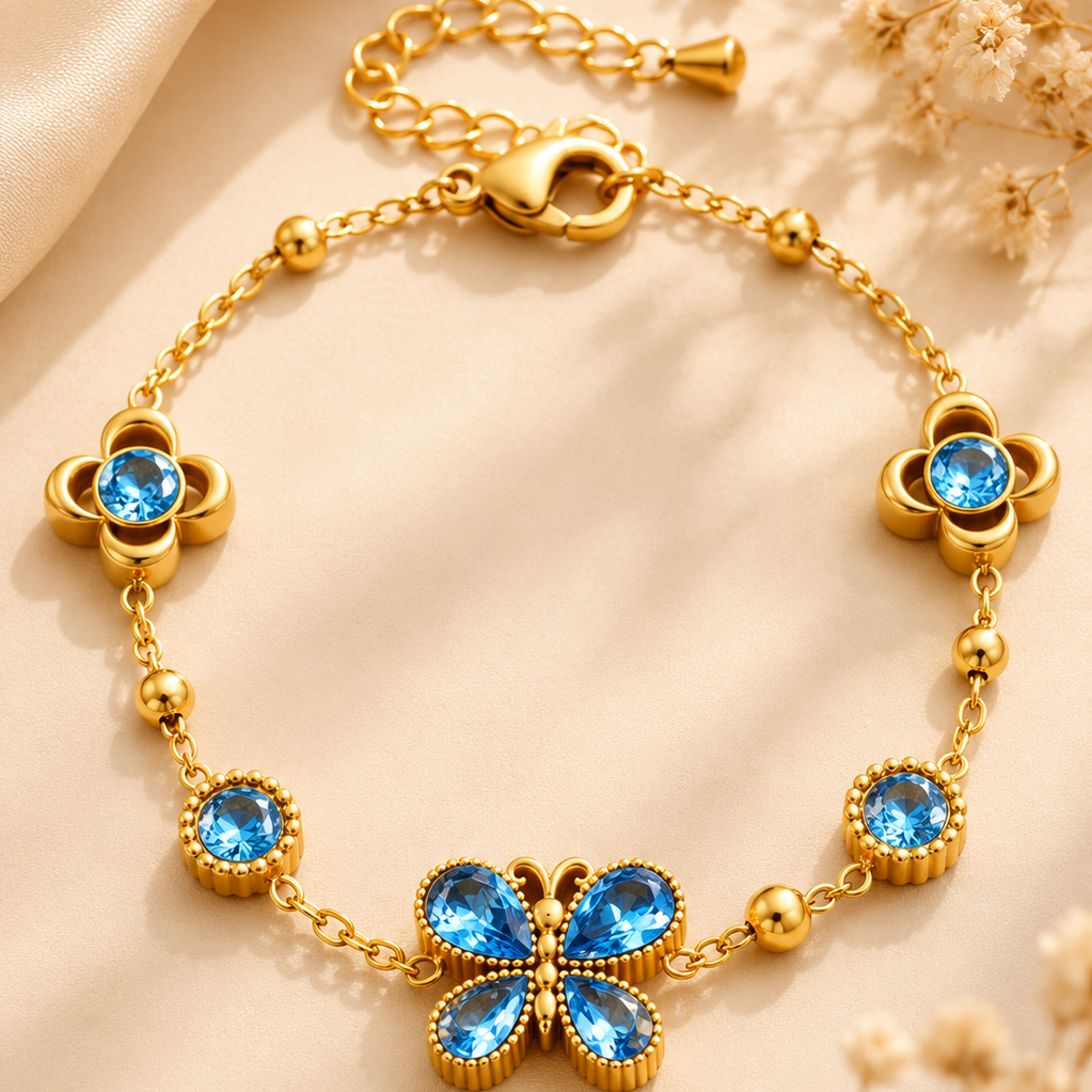 Bracelet papillon et fleur en zircons colorés, plaqué or