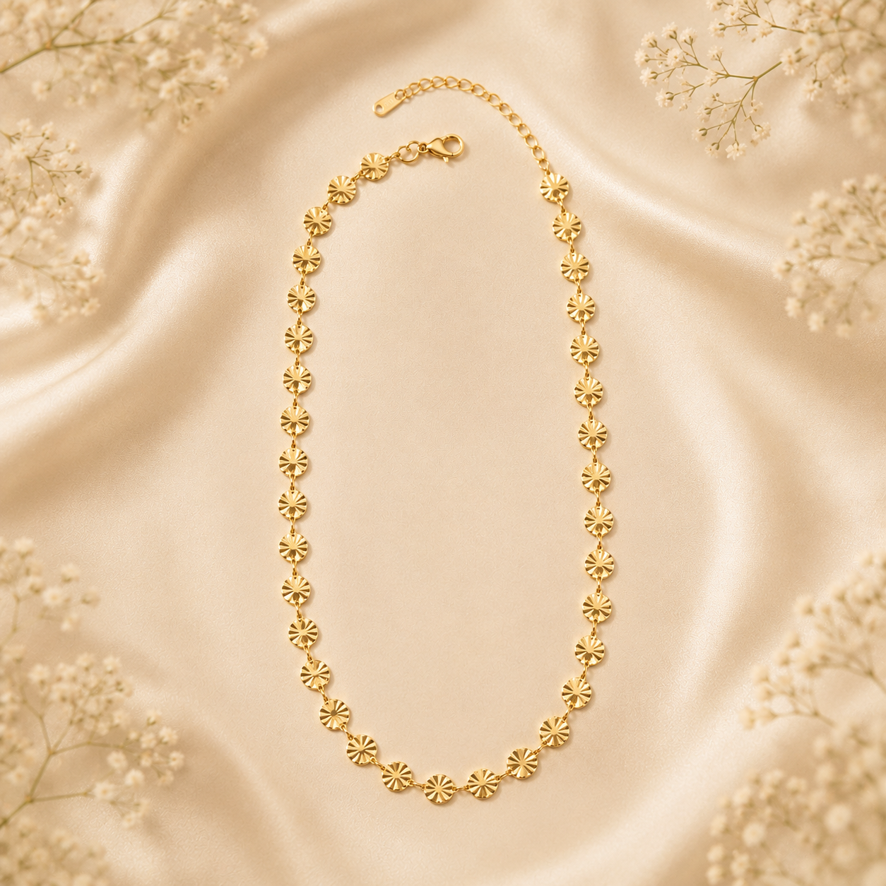 Collier pendentif disque soleil rayonnant plaqué or 18K, chaîne fine