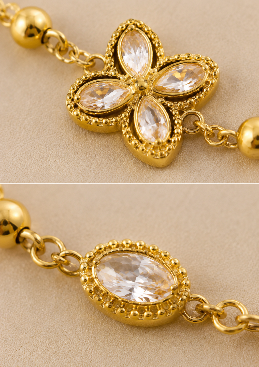 Bracelet double rang plaqué or avec fleur en zircon et pierre nacrée