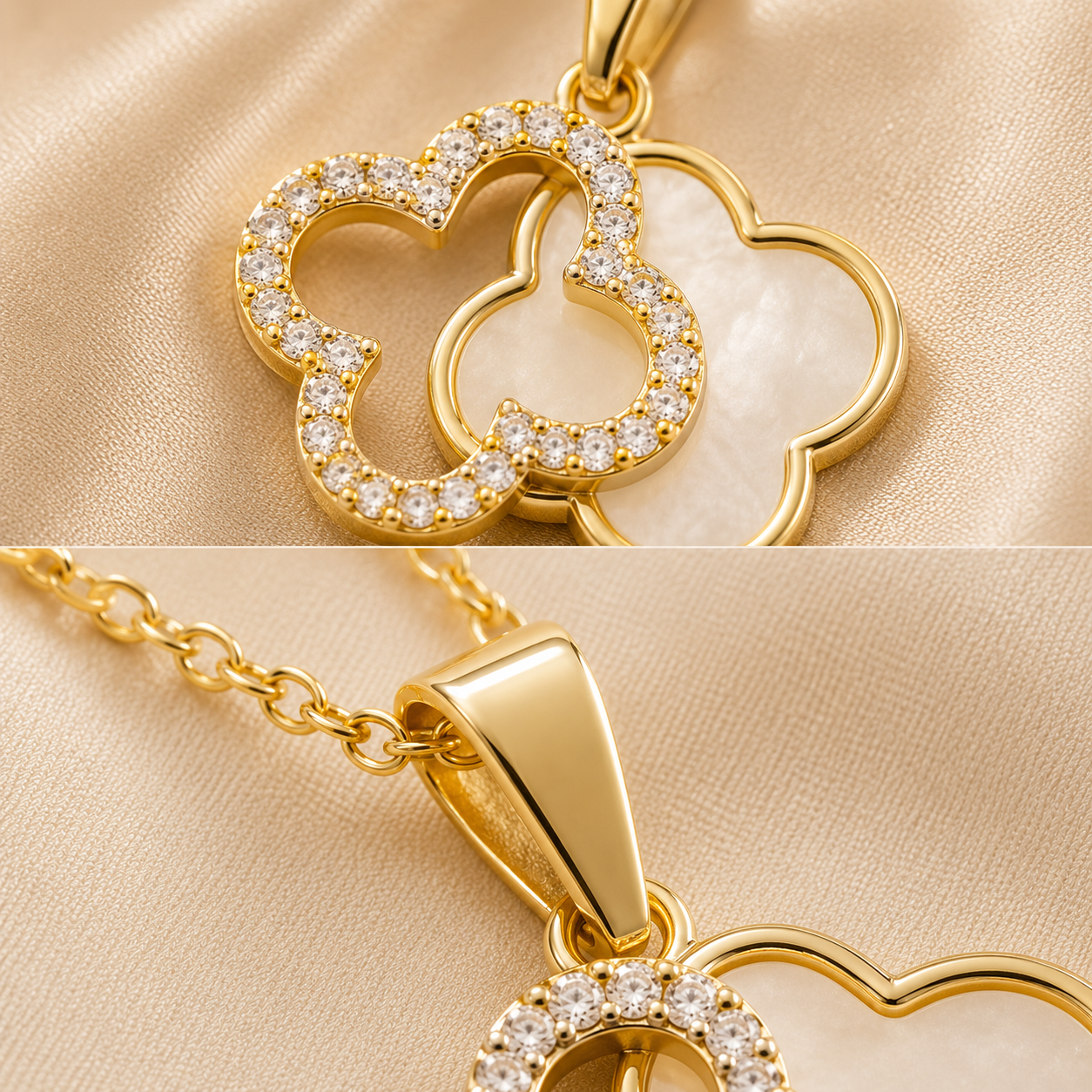 Collier pendentif trèfle double rang, coquillage blanc nacré et strass, plaqué or