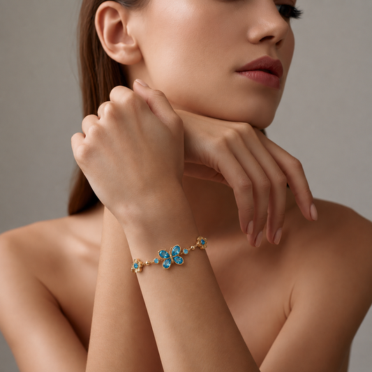 Bracelet papillon et fleur en zircons colorés, plaqué or