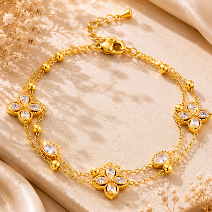 Bracelet double rang plaqué or avec fleur en zircon et pierre nacrée