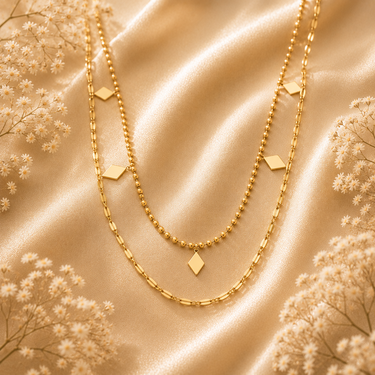 Collier double rang plaqué or avec pendentif losange géométrique