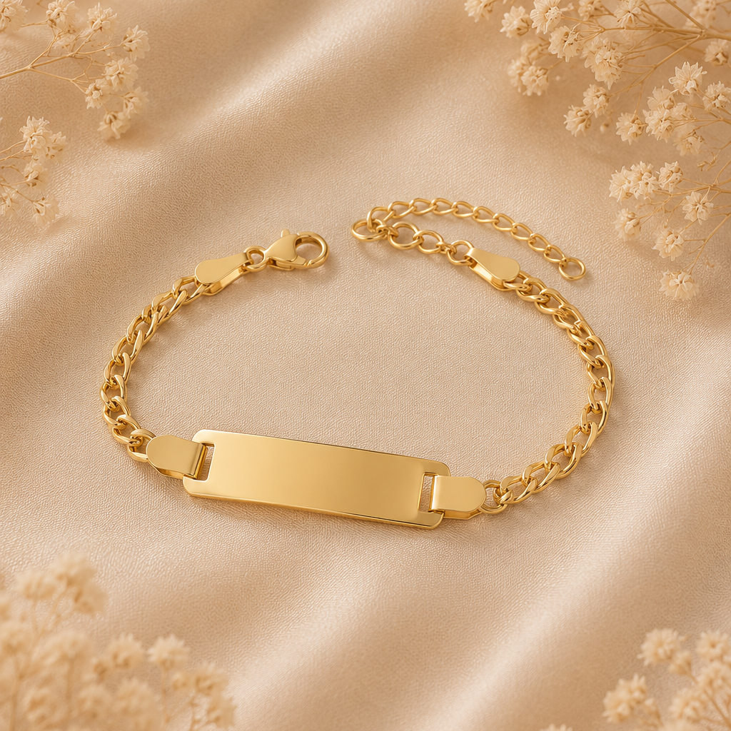 Bracelet gourmette maille Figaro en acier plaqué or 18K, poli miroir