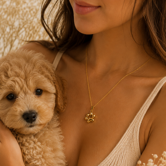 Collier pendentif empreinte de patte plaqué or 18K, poli miroir ajouré