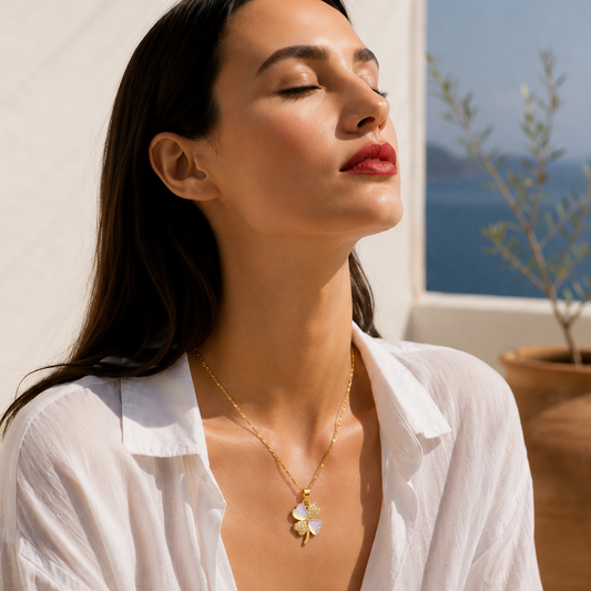 Collier trèfle à quatre feuilles en nacre irisée, contour zircons, plaqué or 18K