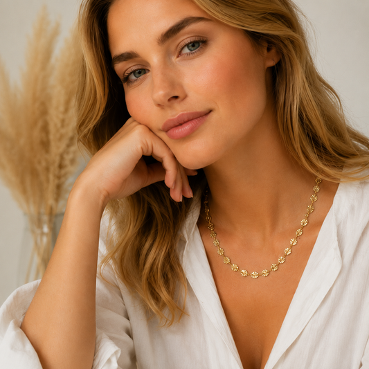 Collier pendentif disque soleil rayonnant plaqué or 18K, chaîne fine