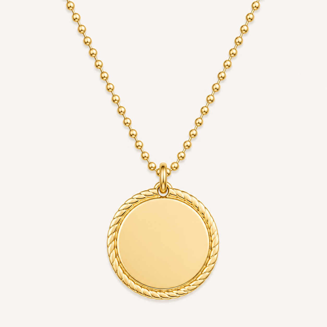 Collier pendentif disque poli miroir gravable, bordure torsadée, chaîne à billes