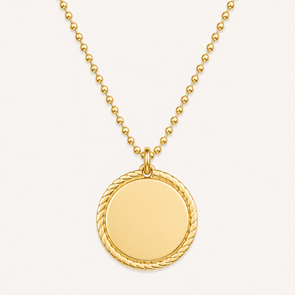 Collier pendentif disque poli miroir gravable, bordure torsadée, chaîne à billes