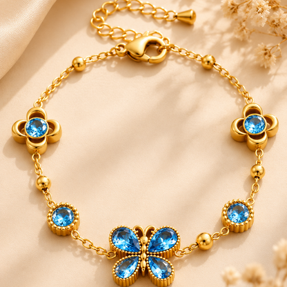 Bracelet papillon et fleur en zircons colorés, plaqué or