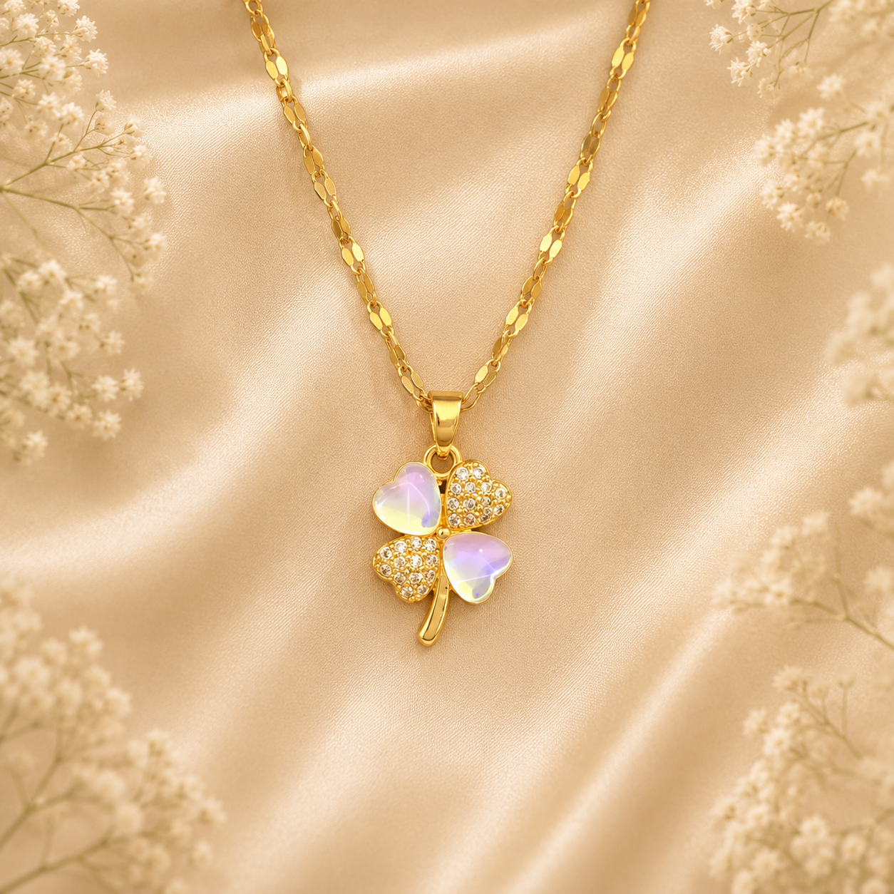 Collier trèfle à quatre feuilles en nacre irisée, contour zircons, plaqué or 18K