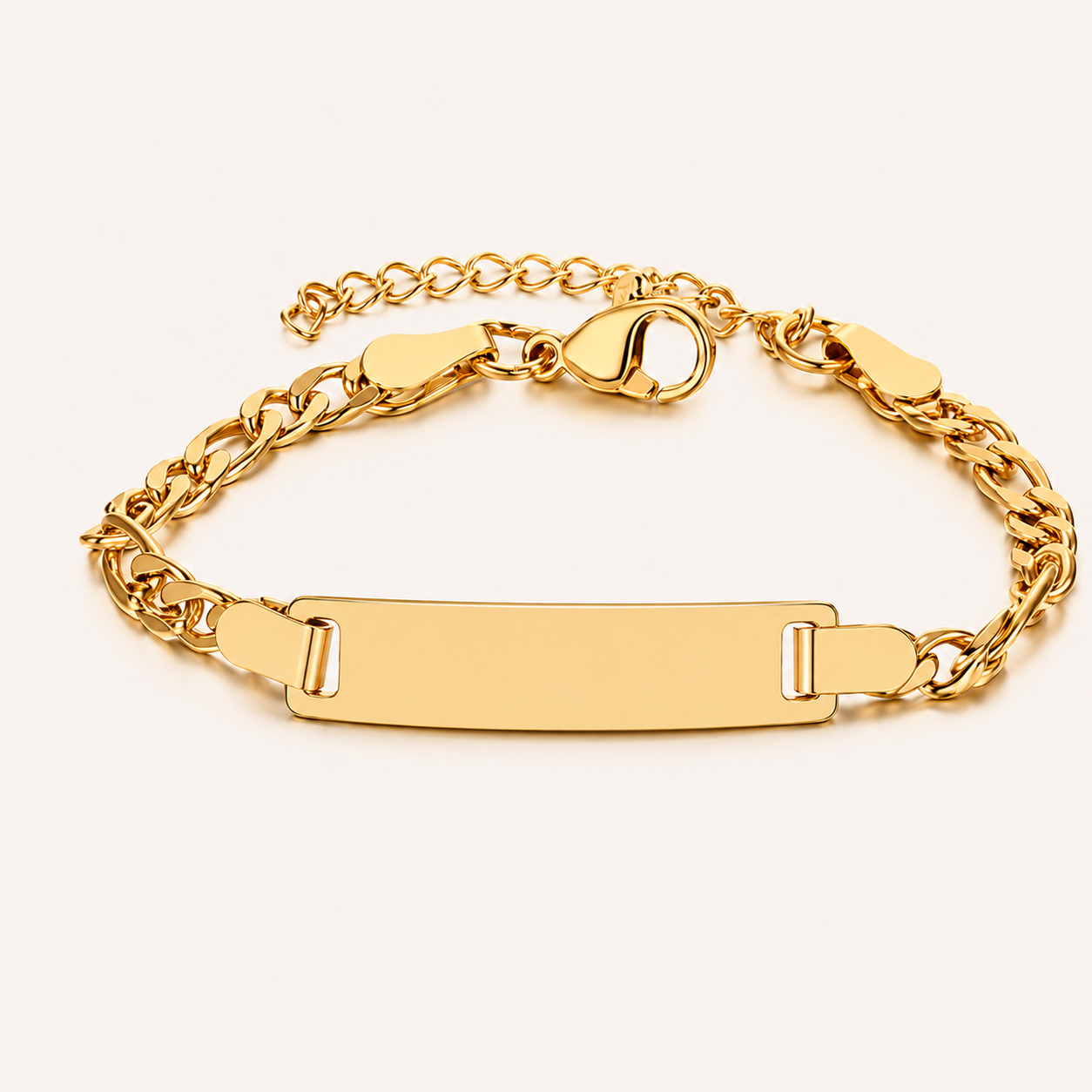 Bracelet gourmette maille Figaro en acier plaqué or 18K, poli miroir