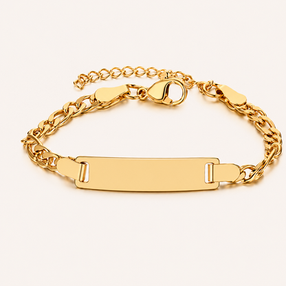 Bracelet gourmette maille Figaro en acier plaqué or 18K, poli miroir