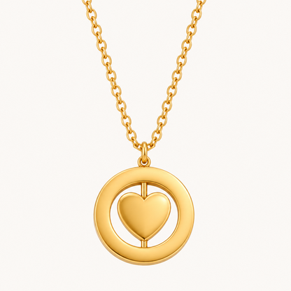 Collier pendentif cœur rotatif plaqué or 18K dans un double anneau géométrique