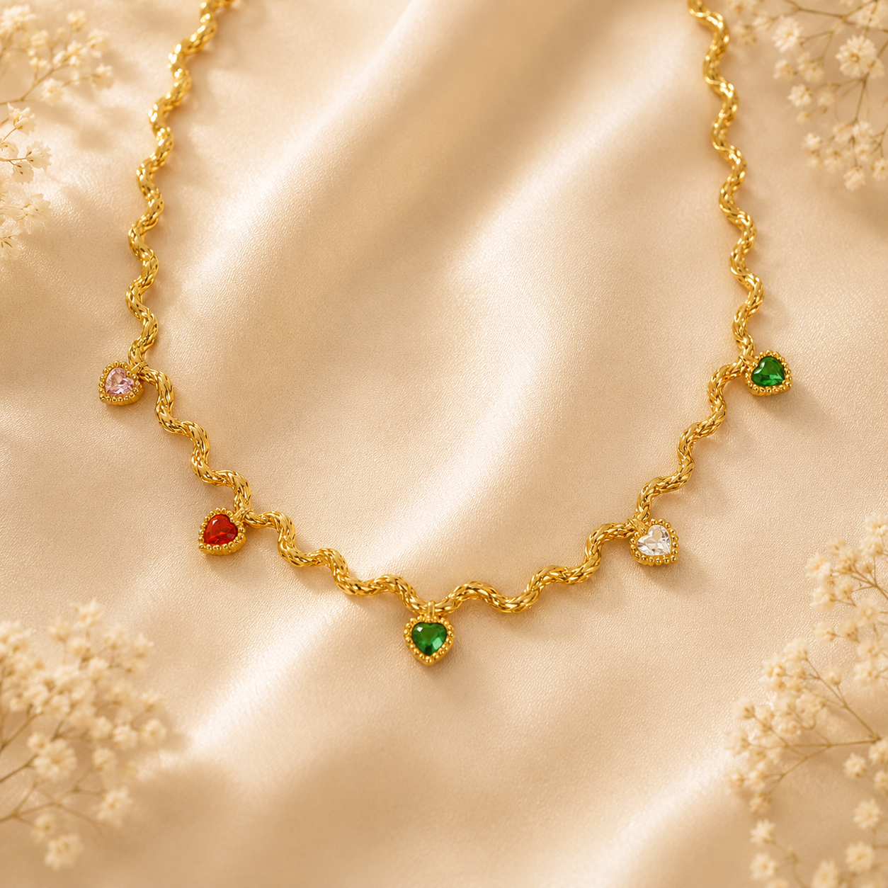 Collier style français avec pendentifs cœur en zircons colorés