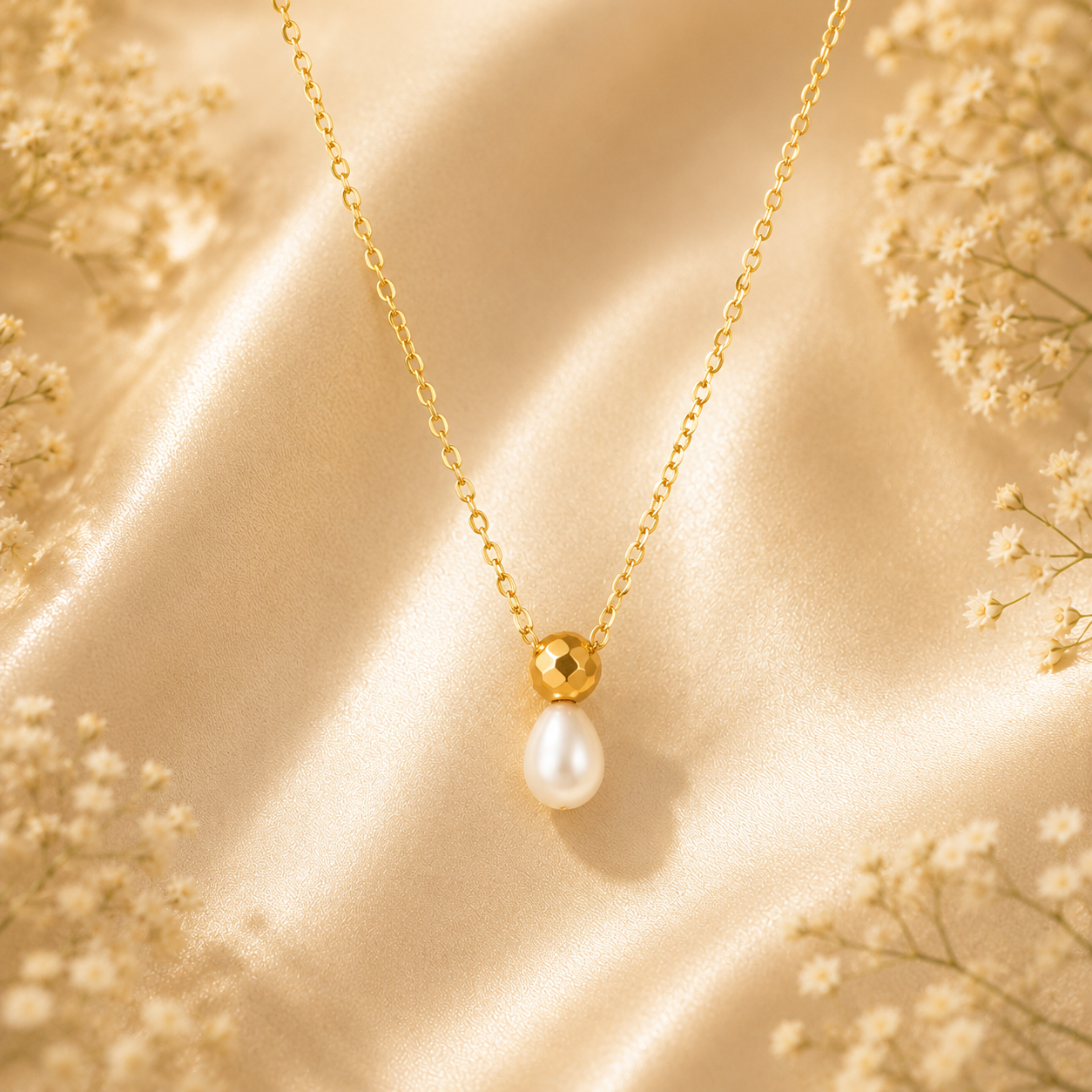 Collier pendentif flacon de parfum orné d'une perle nacrée, plaqué or 18K