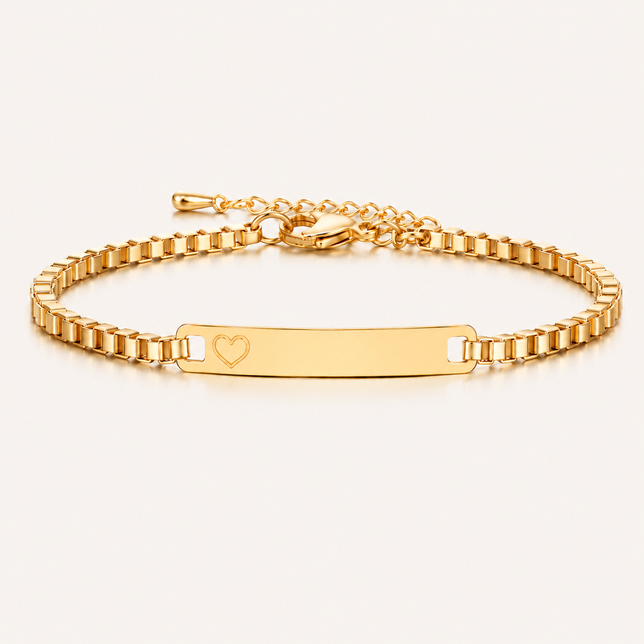 Bracelet barre plaqué or 18K avec cœur gravé, chaîne ajustable