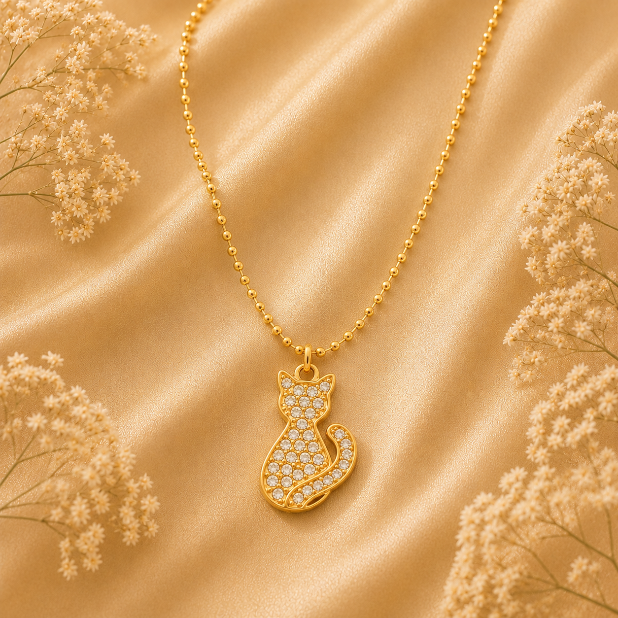 Collier pendentif chat entièrement pavé de cristaux, plaqué or