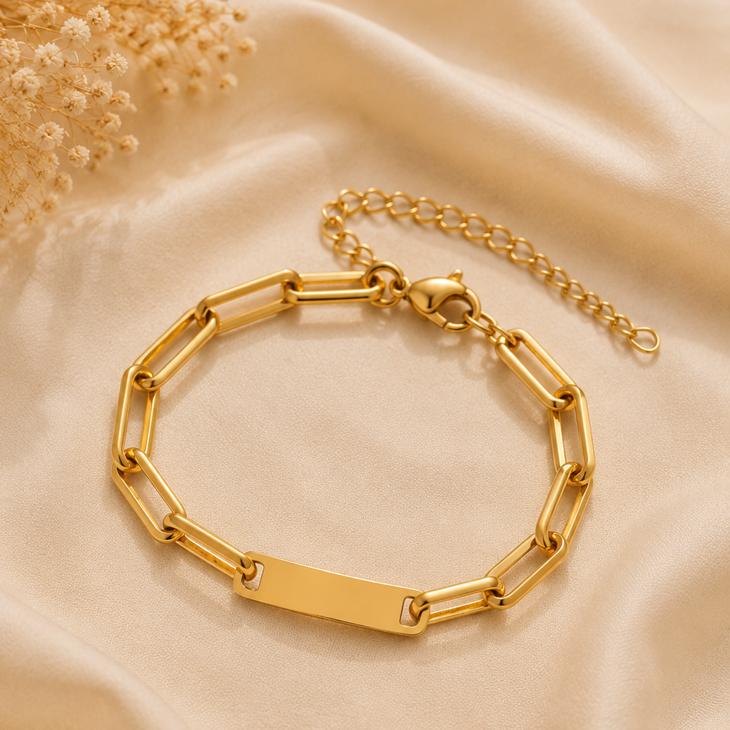 Bracelet gourmette maille trombone plaqué or 18K, maillon ovale statement