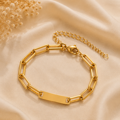 Bracelet gourmette maille trombone plaqué or 18K, maillon ovale statement