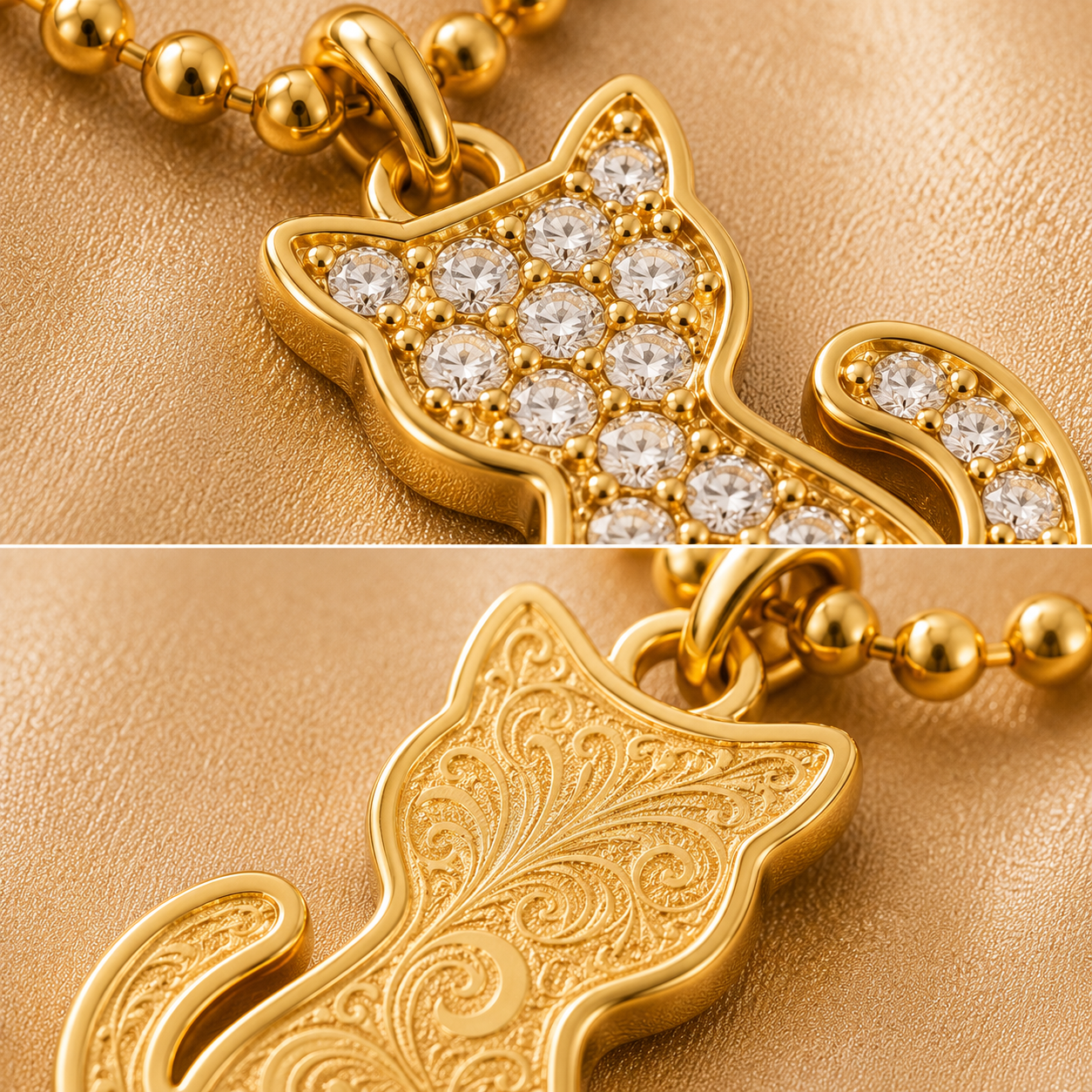 Collier pendentif chat entièrement pavé de cristaux, plaqué or