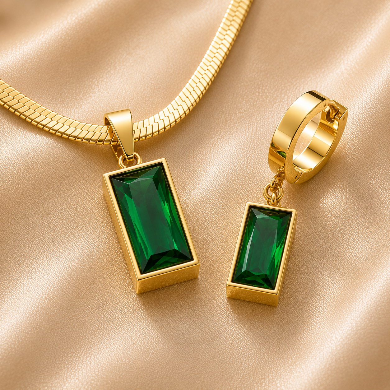 Parure vintage collier et boucles d'oreilles plaquées or 18K, pierres émeraude