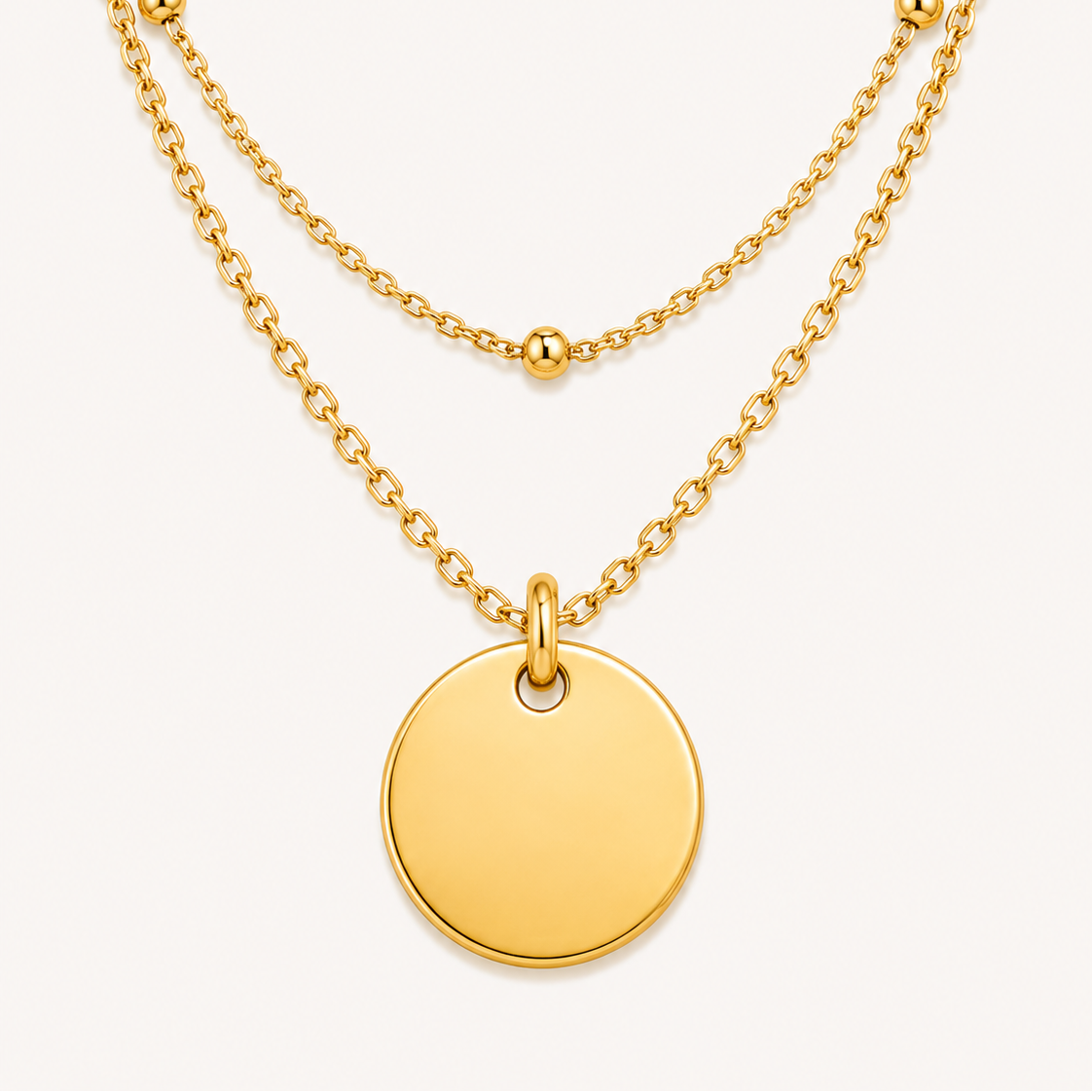Collier double rang en acier inoxydable, pendentif disque gravable, chaîne à billes