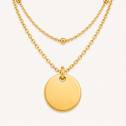 Collier double rang en acier inoxydable, pendentif disque gravable, chaîne à billes