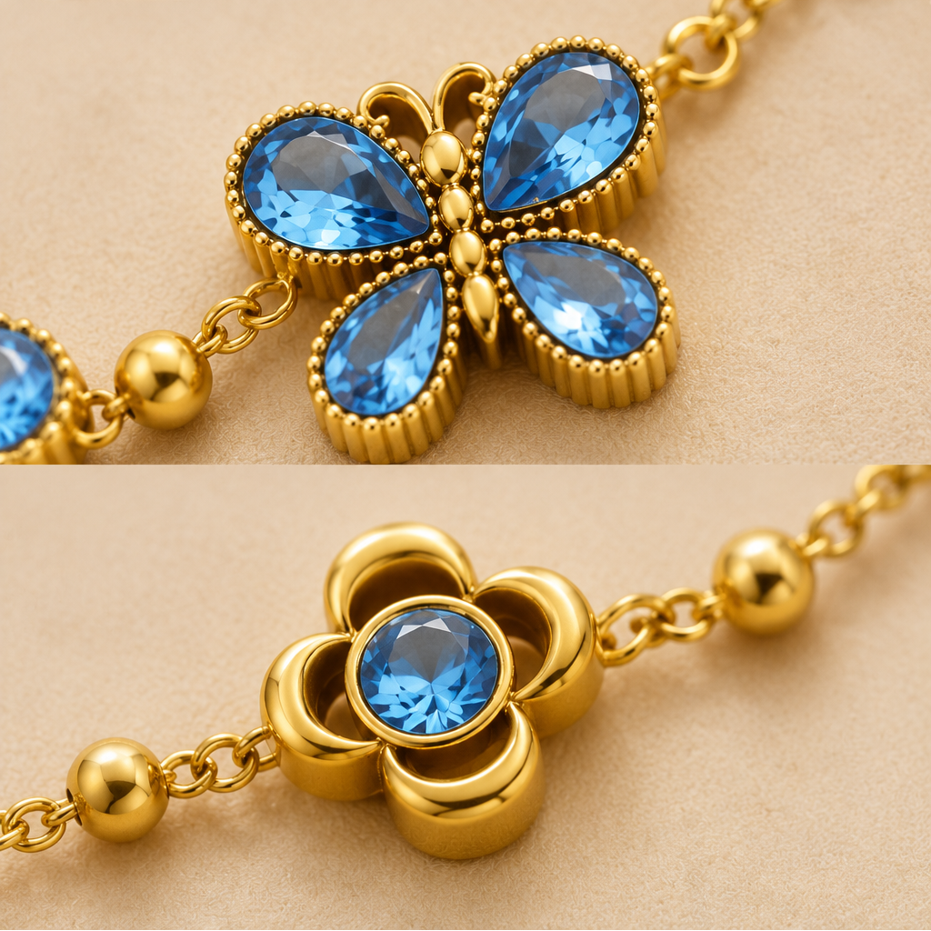 Bracelet papillon et fleur en zircons colorés, plaqué or