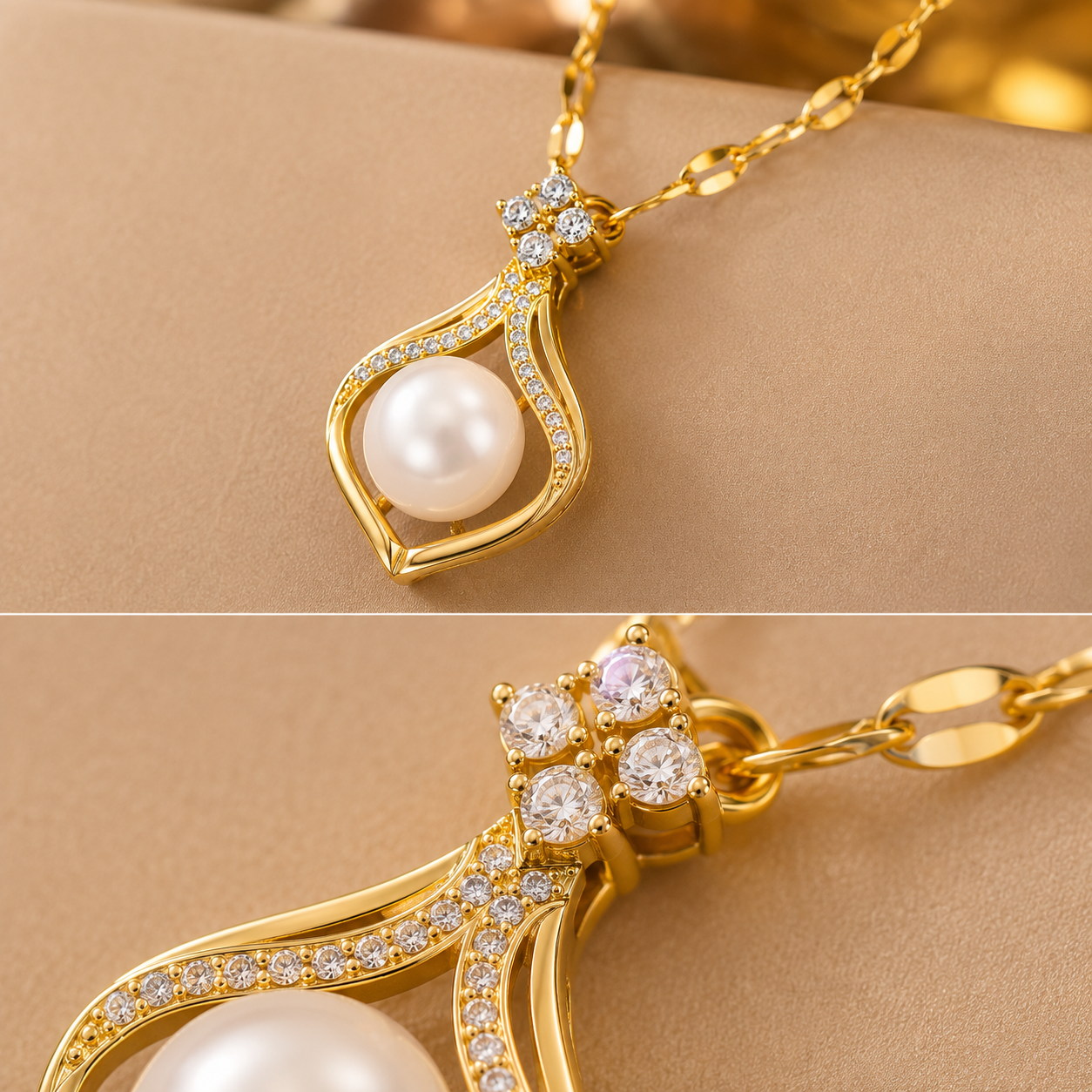 Collier pendentif perle fantaisie et cristaux plaqué or 18K