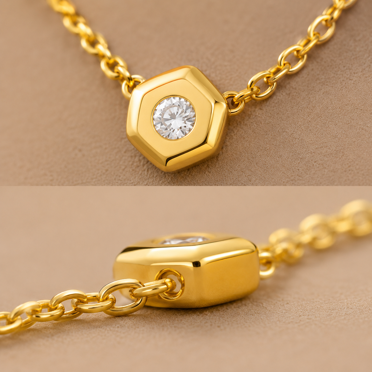 Collier pendentif hexagone géométrique serti de strass, plaqué or 18K