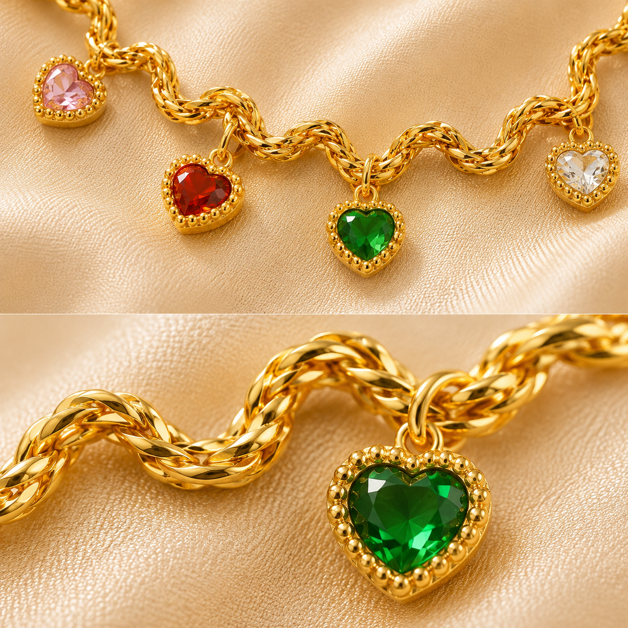 Collier style français avec pendentifs cœur en zircons colorés