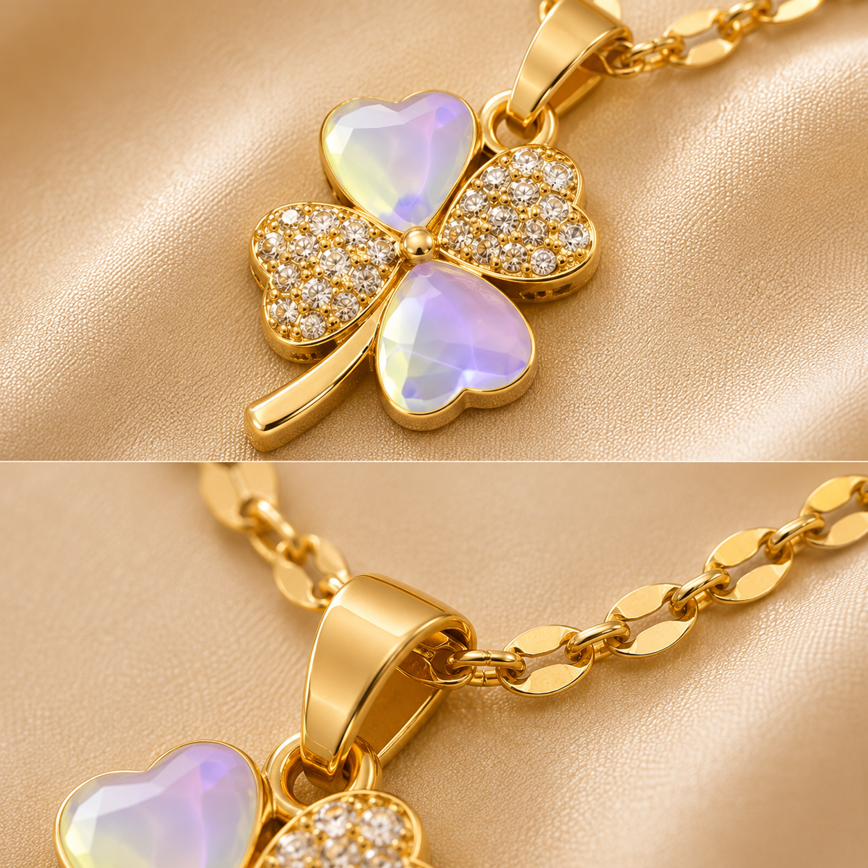 Collier trèfle à quatre feuilles en nacre irisée, contour zircons, plaqué or 18K