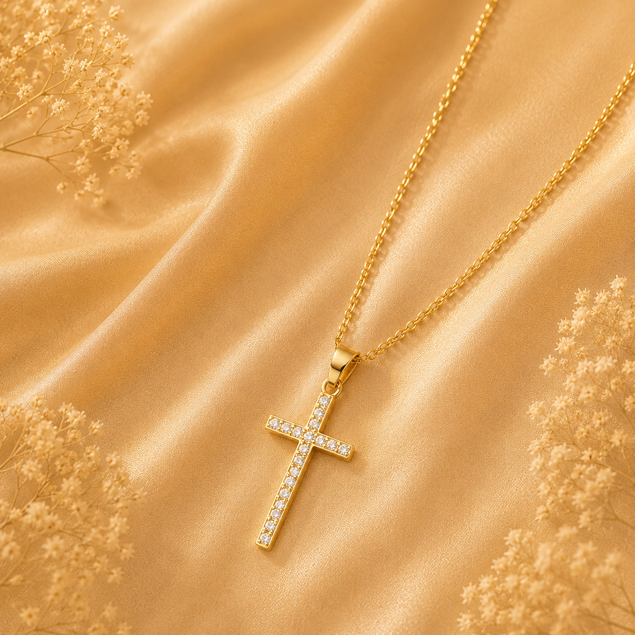 Collier pendentif croix plaqué or serti de zircons blancs en micro-pavé