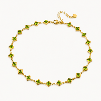 Collier vintage pierre carrée vert émeraude sertie, plaqué or